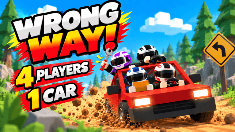 Official WRONG WAY! promotion showing four players in one red rally car